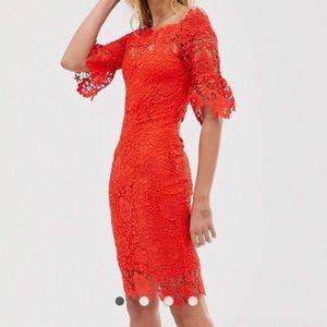 Coral lace cutout midi dress